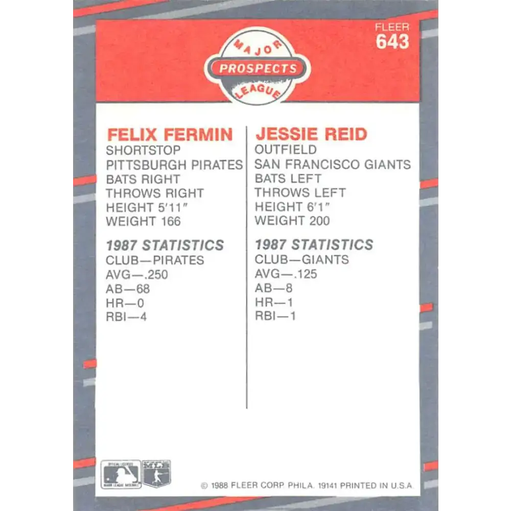 1988 Fleer #643 Felix Fermin/Jessie Reid EX Excellent RC Rookie Pittsburgh Pirates/San Francisco Giants Baseball Card