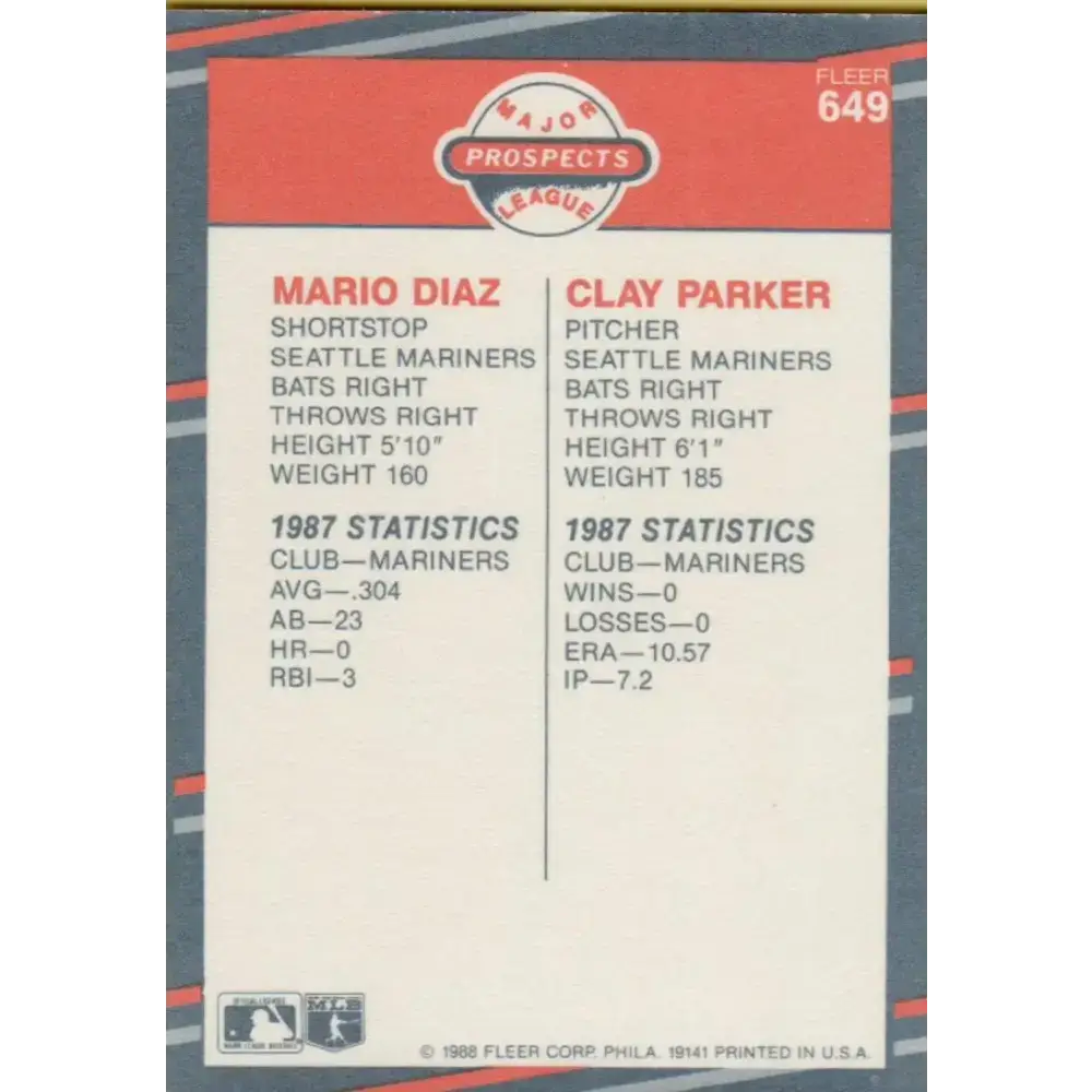 1988 Fleer #649 Mario Diaz/Clay Parker EX Excellent RC Rookie Seattle Mariners Baseball Card - Baseball Card Single