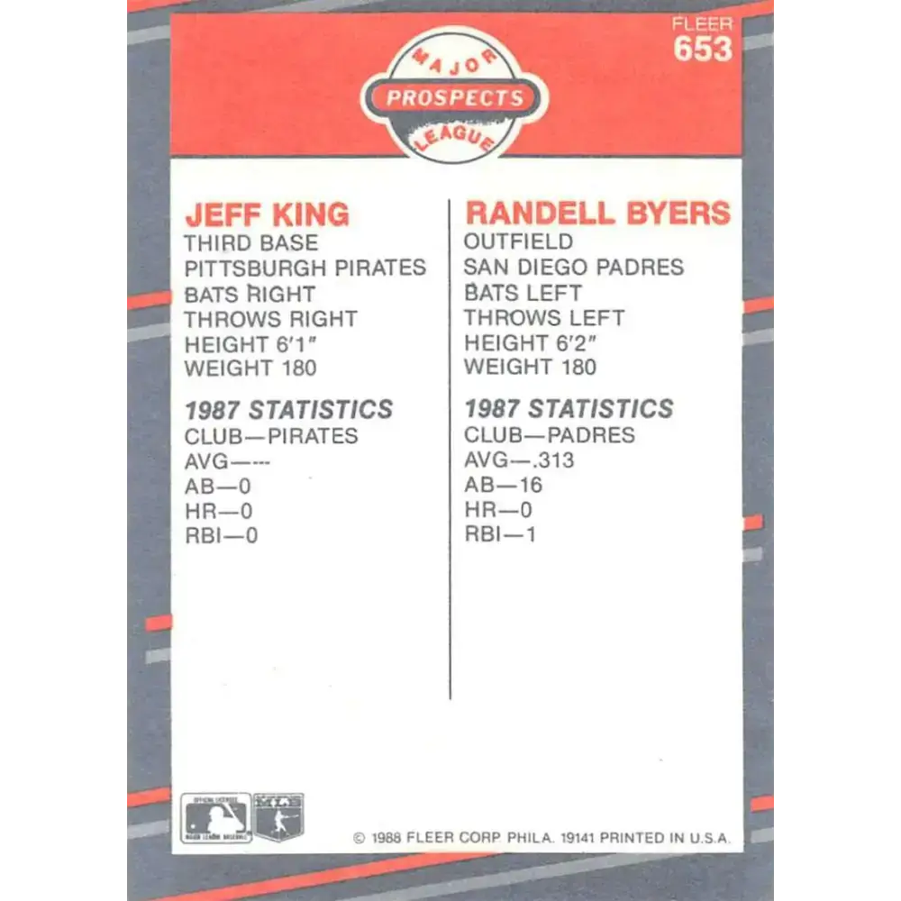 1988 Fleer #653 Jeff King/Randall Byers EX Excellent RC Rookie Pittsburgh Pirates/San Diego Padres Baseball Card