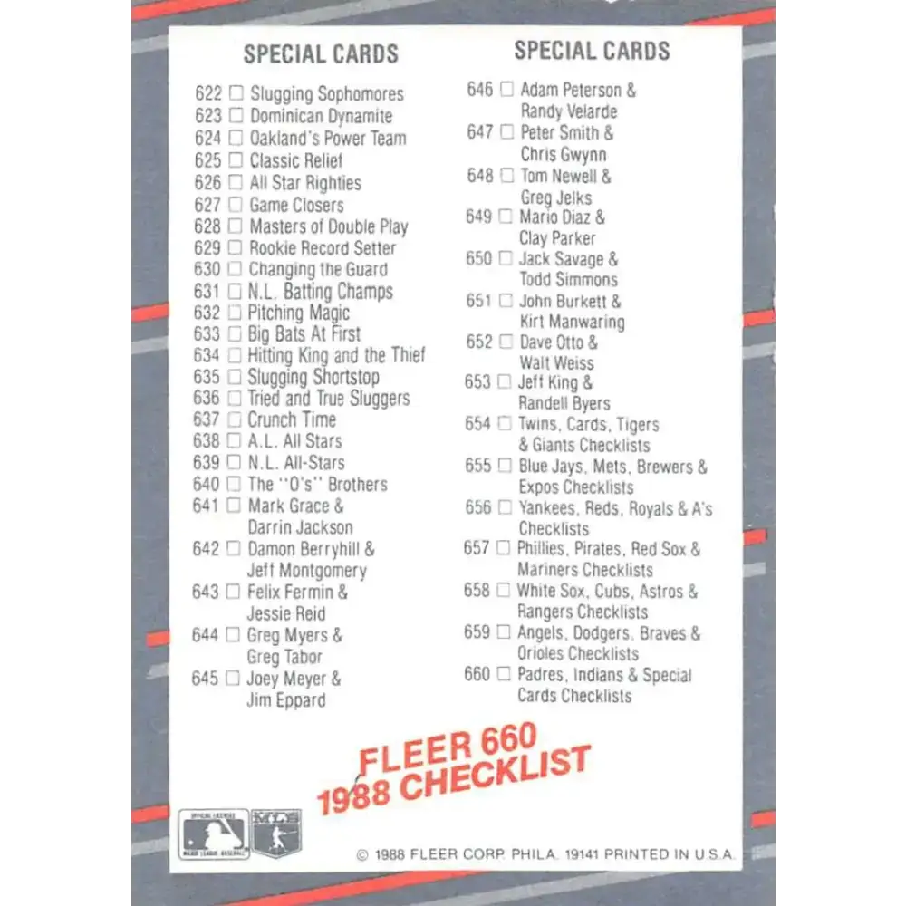 1988 Fleer #660 Specials EX Excellent San Diego Padres/Cleveland Indians/Rookies & Specials Baseball Card - Baseball