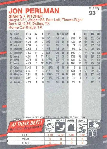 1988 Fleer Jon Perlman baseball card with original gloss from Giants team collection
