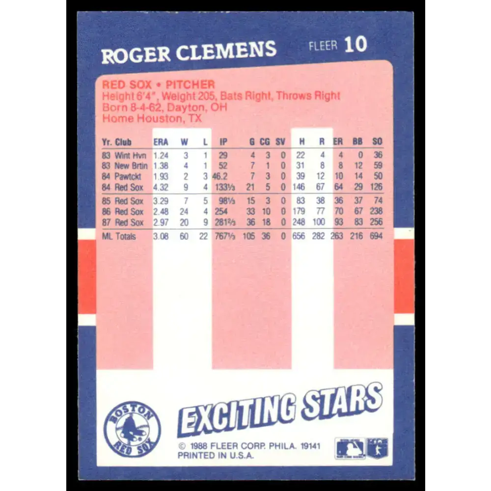 1988 Fleer Exciting Stars #10 Roger Clemens EX/NM Boston Red Sox Baseball Card - Baseball Card Single