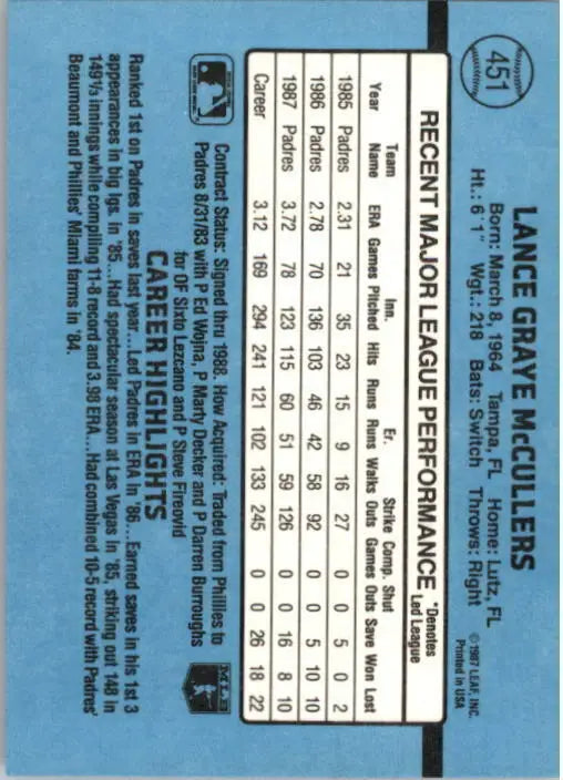 1988 Lance McCullers Donruss Baseball Card #451 - Baseball Card Single