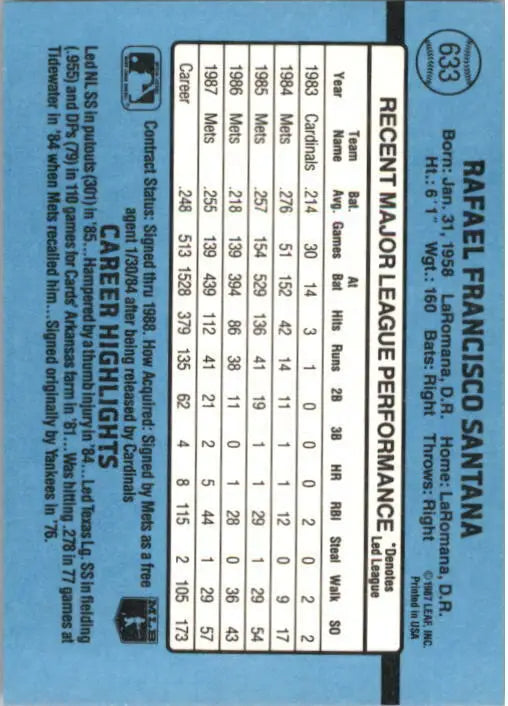 1988 Rafael Santana Donruss Baseball Card #633
