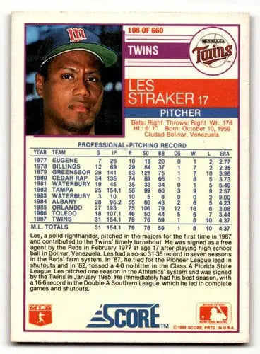 1988 Score #108 Les Straker Minnesota Twins Baseball Cards EX/NM ID:58481