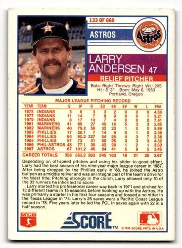Original gloss Larry Anderson Houston Astros baseball card from 1988 Score #133