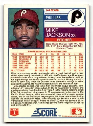 Original gloss 1988 Score Mike Jackson Philadelphia Phillies baseball card