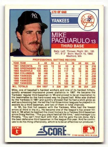 Mike Pagliarulo Yankees baseball card with original gloss from 1988 Score series