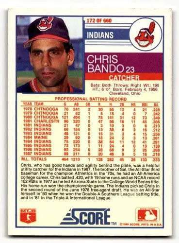 Chris Bando Cleveland Indians baseball card with original gloss from 1988 Score #172