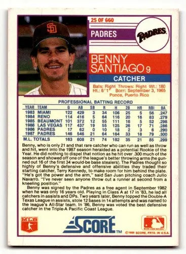 Original gloss Benny Santiago San Diego baseball card from 1988 Score #25