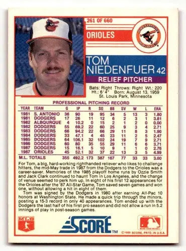 Original gloss Tom Niedenfuer Baltimore Orioles baseball card from 1988 Score #261b