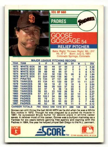 Original gloss Goose Gossage San Diego Padres baseball card 1988 Score #331