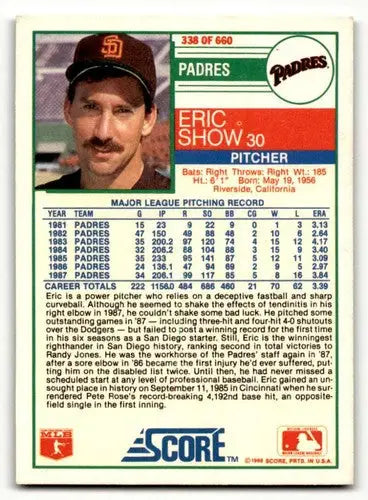 Eric Show Padres baseball card with original gloss from 1988 Score San Diego Padres