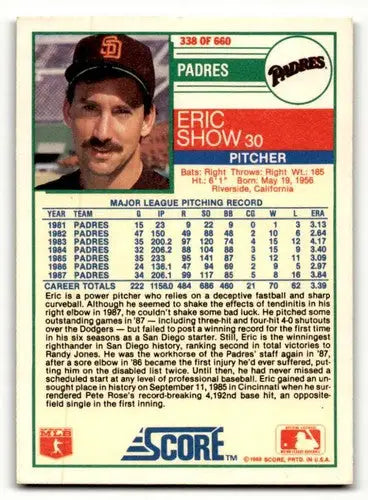 Original gloss 1988 Score Eric Show Padres baseball card showcasing San Diego Padres baseball