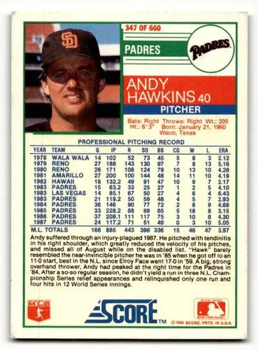 Andy Hawkins San Diego Padres baseball card from 1988 Score #347 in EX/NM condition