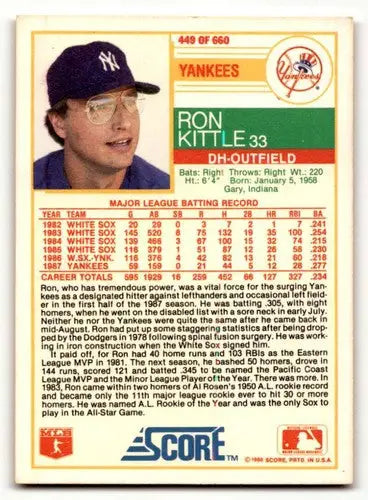 Original gloss Ron Kittle Yankees baseball card from 1988 Score #449 showcasing collectible memorabilia