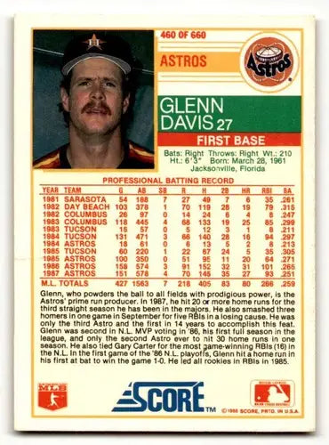 Original gloss Glenn Davis Houston Astros baseball card from 1988 Score series