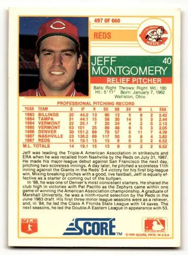 Original gloss Jeff Montgomery Cincinnati Reds baseball card from 1988 Score #497