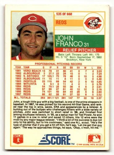 Original gloss 1988 Score John Franco Cincinnati Reds baseball card image