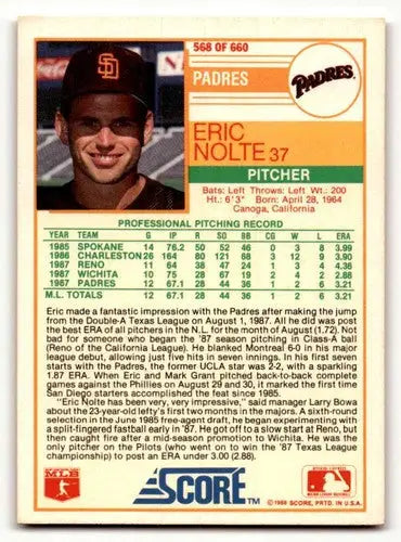 Eric Nolte San Diego Padres baseball card from 1988 Score #568 in EX/NM condition