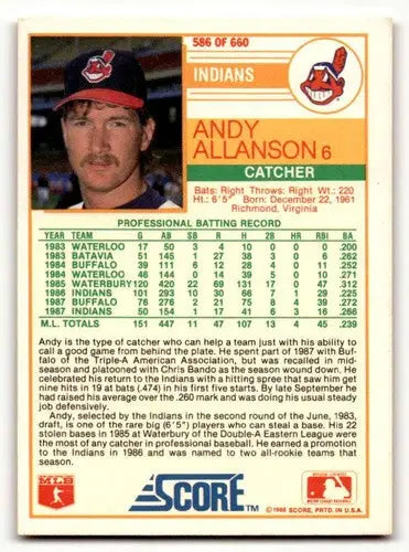 1988 Score Andy Allanson Cleveland Indians baseball card, EX/NM condition