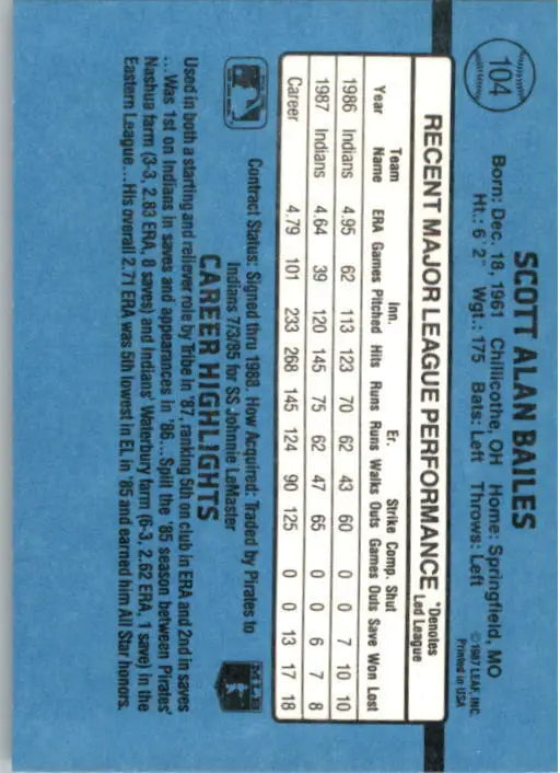 1988 Scott Bailes Donruss Baseball Card #104 - Baseball Card Single