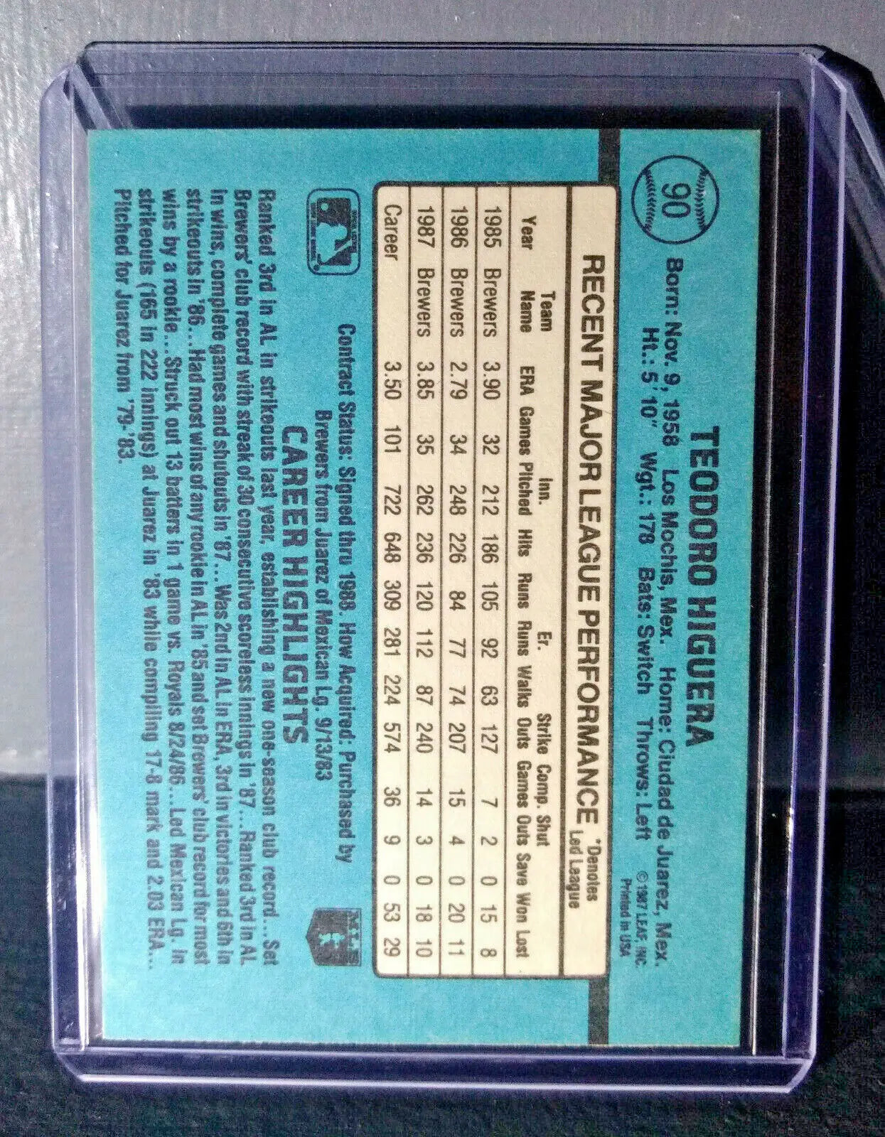 1988 Teddy Higuera Donruss #90 Baseball Card - Baseball Card Single