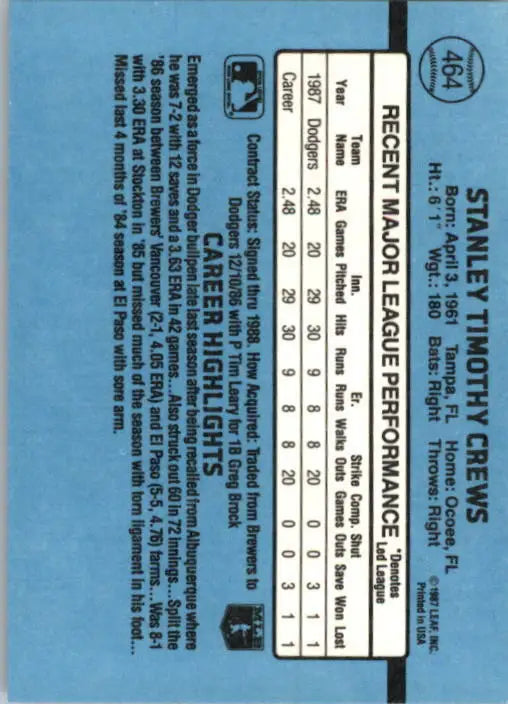 1988 Tim Crews Donruss Baseball Card #464 - Baseball Card Single