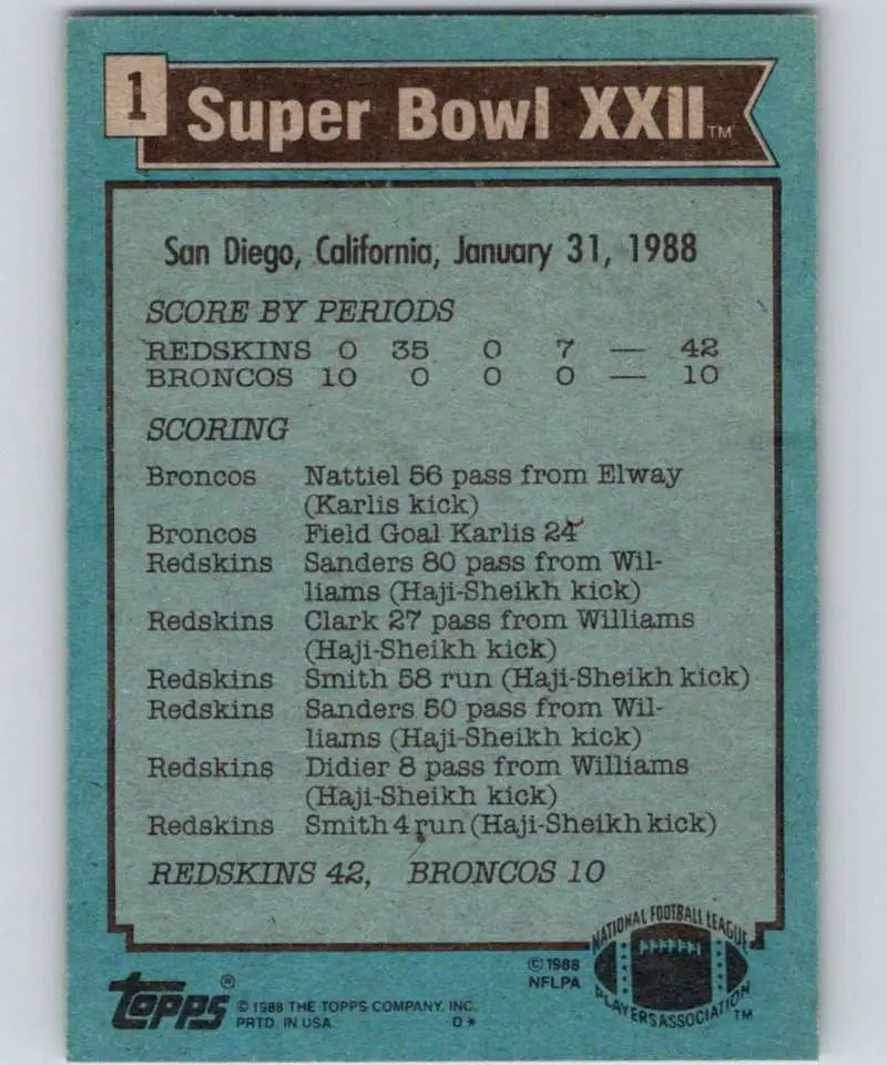 1988 Topps #1 Super Bowl XXII EX Excellent Washington Redskins/Denver Broncos Football Card - Football Card Single