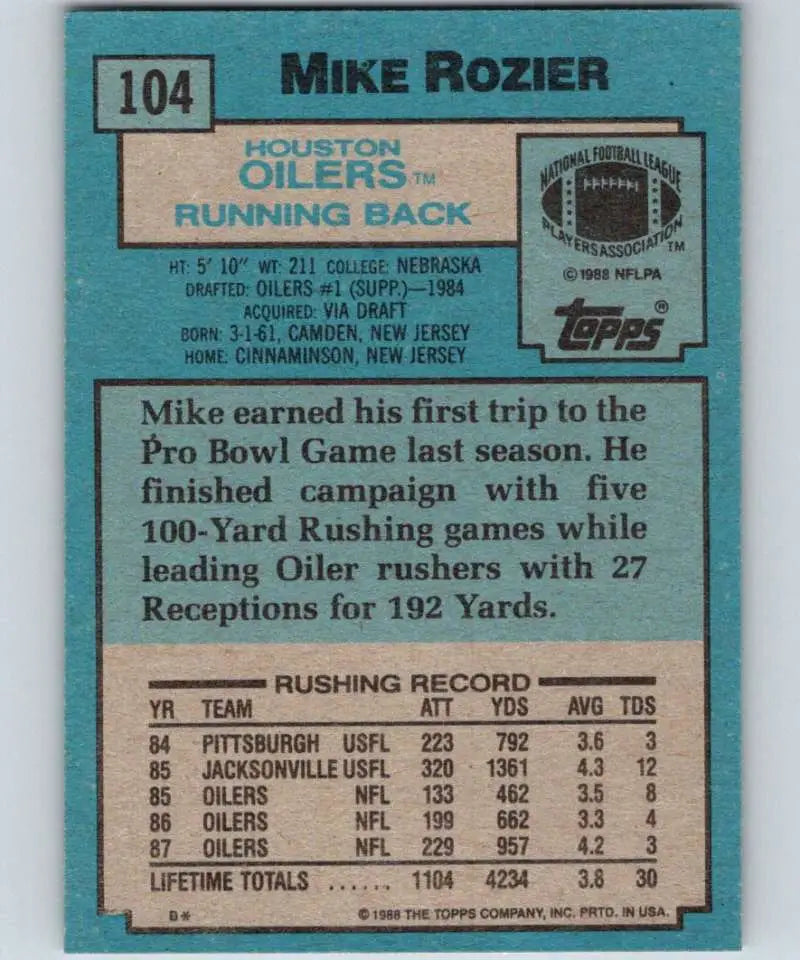 1988 Topps #104 Mike Rozier EX Excellent Houston Oilers Football Card - Football Card Single