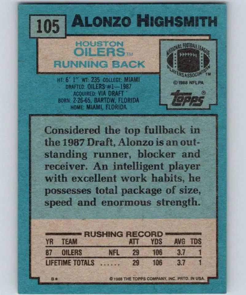 1988 Topps #105 Alonzo Highsmith EX Excellent RC Rookie Houston Oilers Football Card