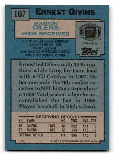 1988 Topps #107 Ernest Givins Houston Oilers Football Cards EX/NM ID:62456 - Trading Cards