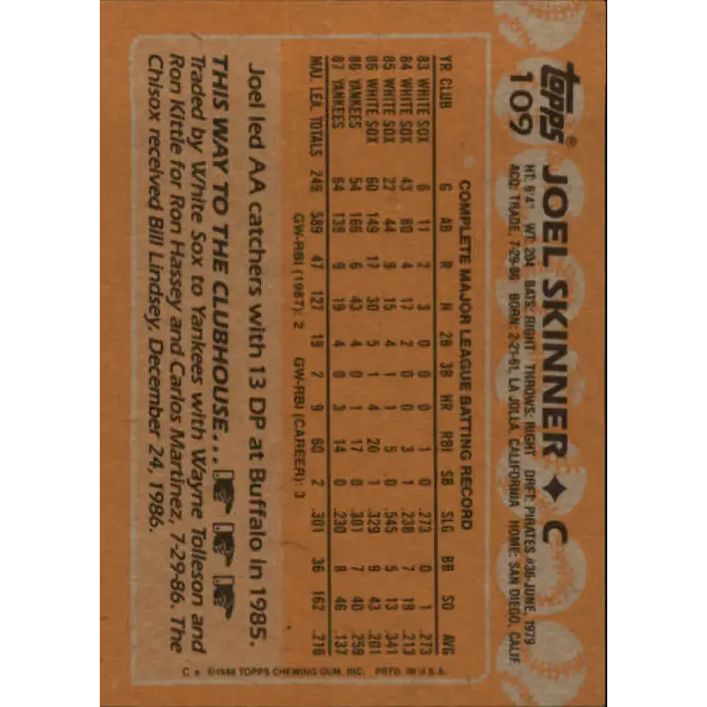 1988 Topps #109 Joel Skinner NM-MT New York Yankees Baseball Card - Baseball Card Single