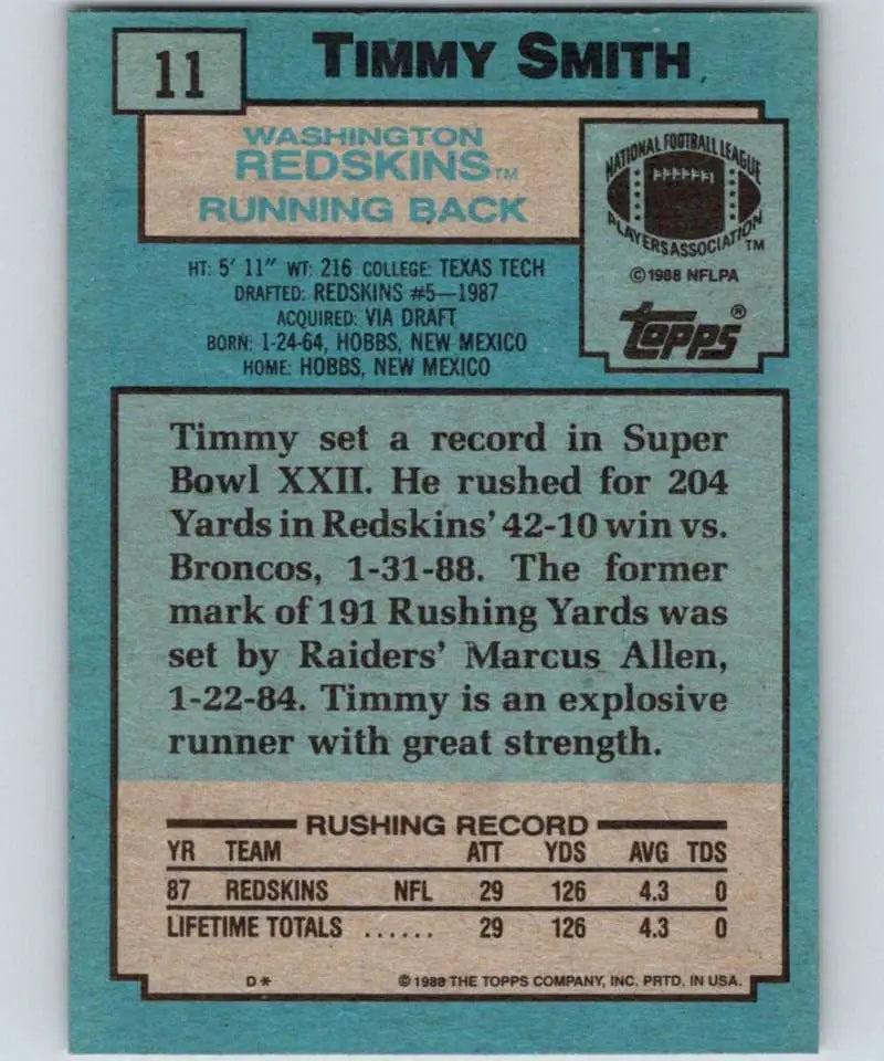 1988 Topps #11 Timmy Smith EX Excellent Washington Redskins Football Card - Football Card Single