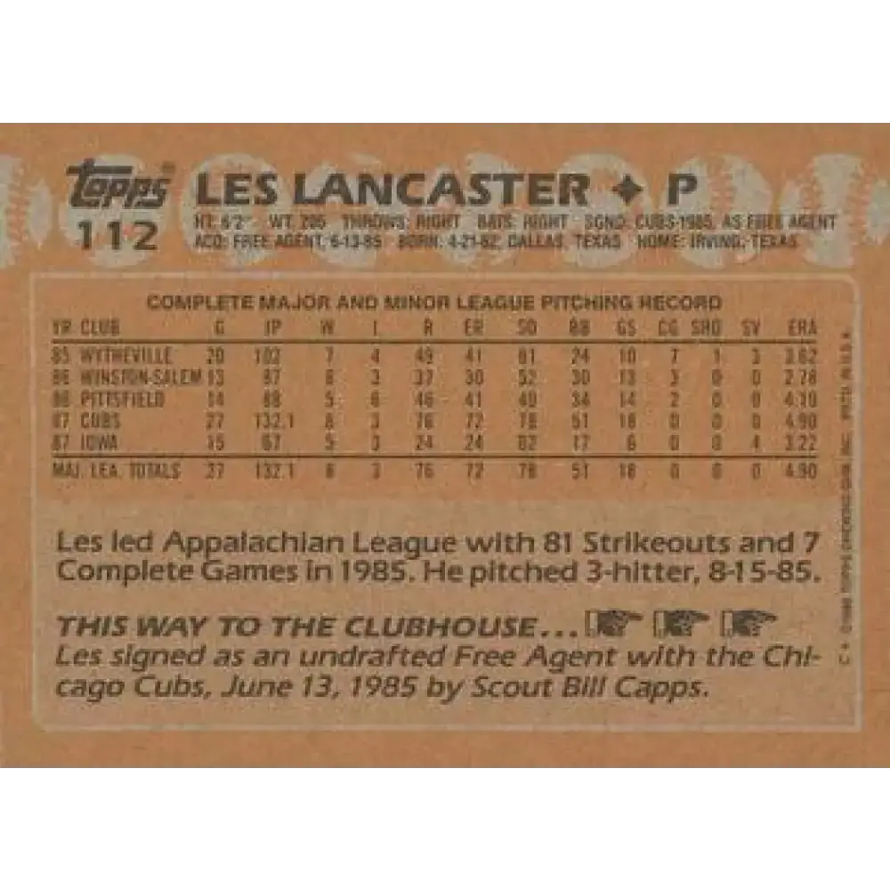 1988 Topps #112 Les Lancaster NM-MT RC Rookie Chicago Cubs Baseball Card - Baseball Card Single