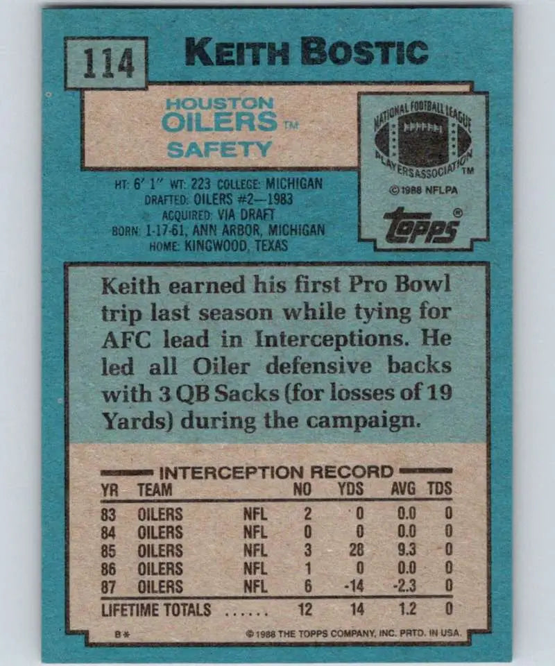 1988 Topps #114 Keith Bostic EX Excellent RC Rookie Houston Oilers Football Card
