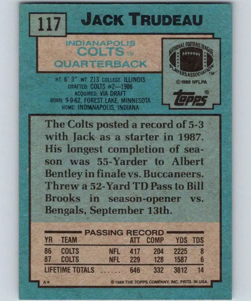 1988 Topps #117 Jack Trudeau EX Excellent Indianapolis Colts Football Card - Football Card Single