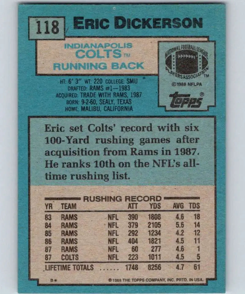1988 Topps #118 Eric Dickerson EX Excellent Indianapolis Colts Football Card - Football Card Single