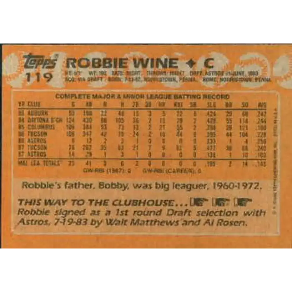 1988 Topps #119 Robbie Wine NM-MT Houston Astros Baseball Card - Baseball Card Single