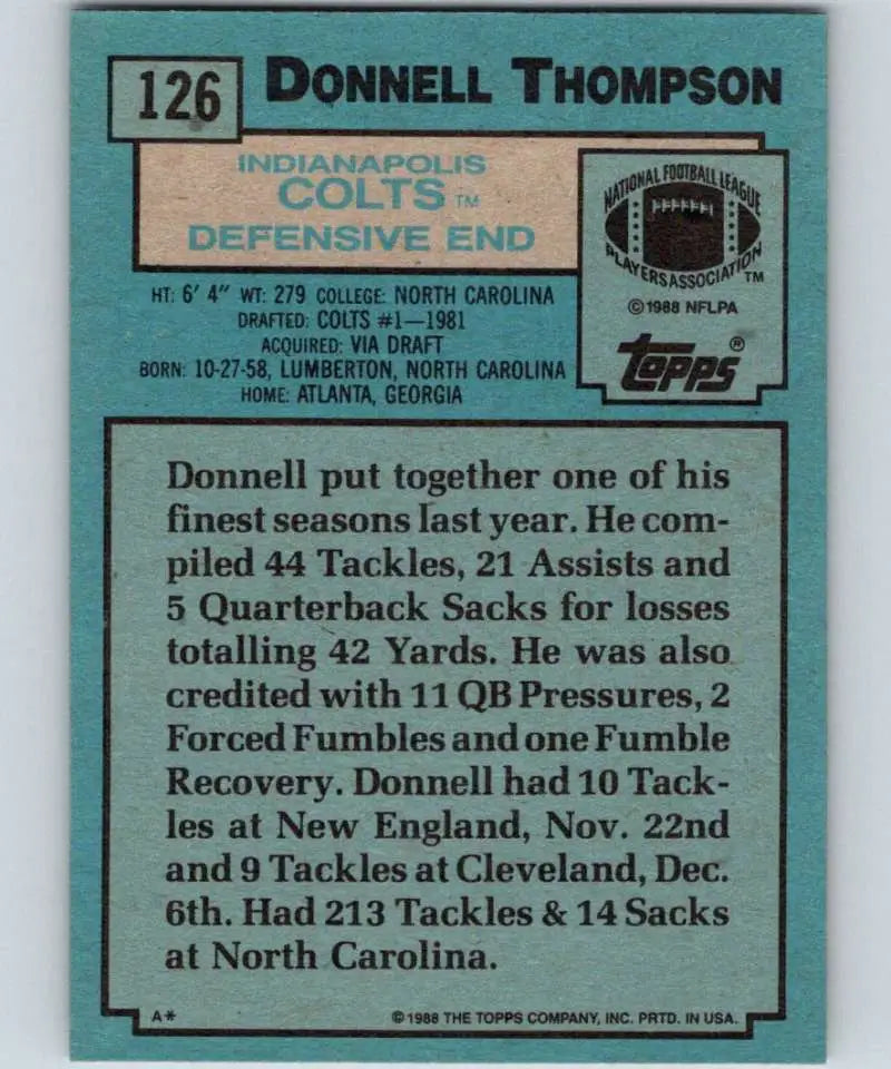 1988 Topps #126 Donnell Thompson EX Excellent Indianapolis Colts Football Card - Football Card Single