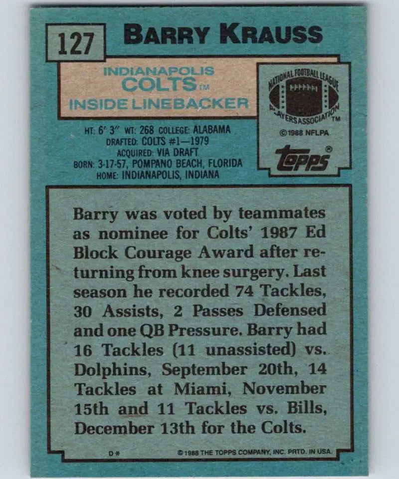 1988 Topps #127 Barry Krauss EX Excellent RC Rookie Indianapolis Colts Football Card - Football Card Single