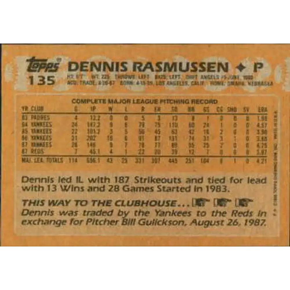 1988 Topps #135 Dennis Rasmussen NM-MT Cincinnati Reds Baseball Card - Baseball Card Single