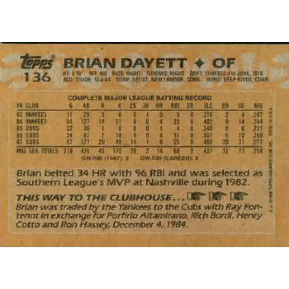 1988 Topps #136 Brian Dayett NM-MT Chicago Cubs Baseball Card - Baseball Card Single