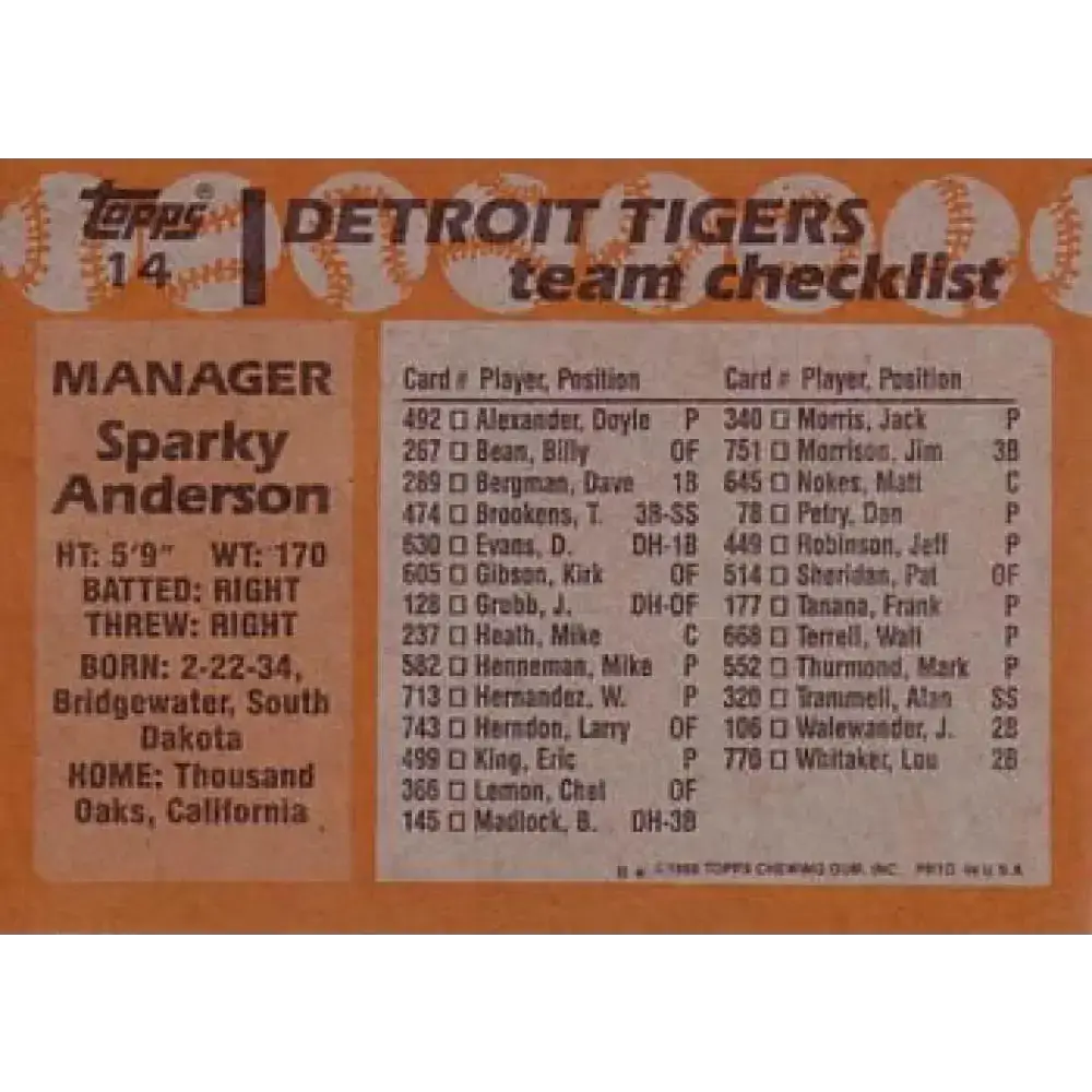 1988 Topps #14 Sparky Anderson NM-MT Detroit Tigers Baseball Card - Baseball Card Single