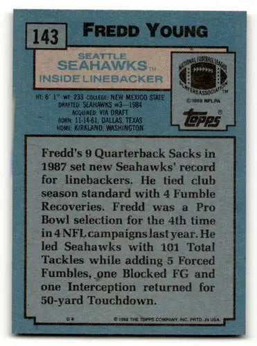 Original gloss Fredd Young Seattle Seahawks football card from 1988 Topps #143