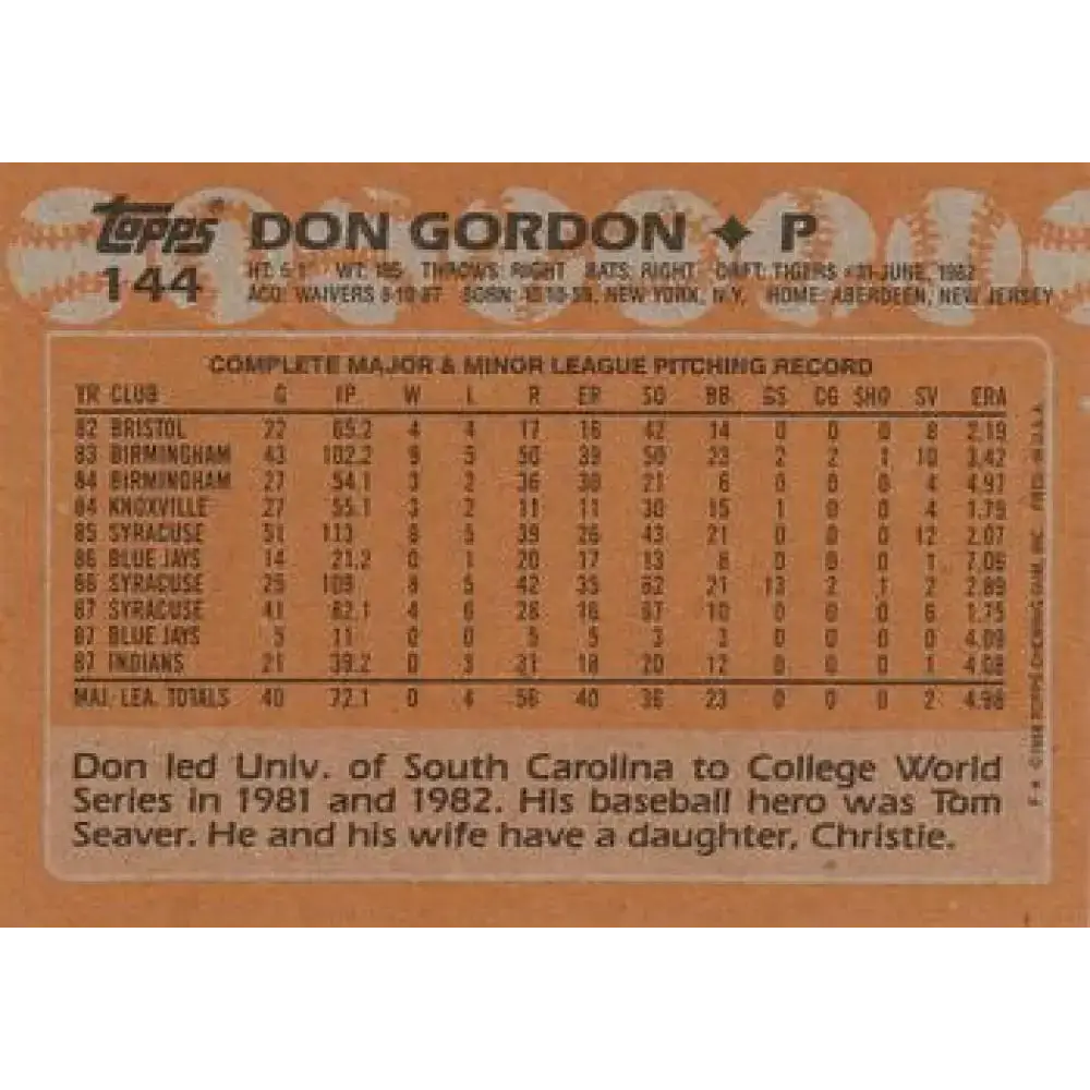 1988 Topps #144 Don Gordon NM-MT RC Rookie Cleveland Indians Baseball Card - Baseball Card Single