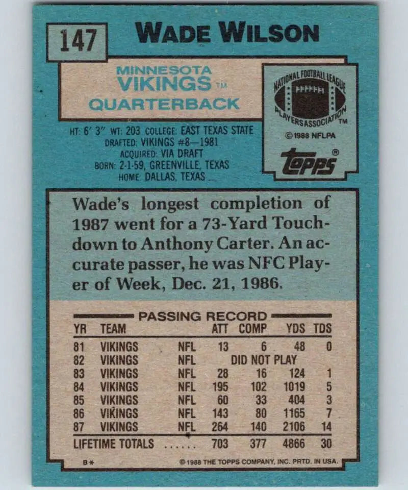 1988 Topps #147 Wade Wilson EX Excellent RC Rookie Minnesota Vikings Football Card - Football Card Single