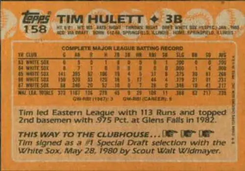 Tim Hulett baseball card back from 1988 Topps #158 with original gloss, White Sox