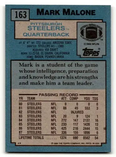 1988 Topps #163 Mark Malone Pittsburgh Steelers Football Cards EX/NM ID:62497 - Trading Cards