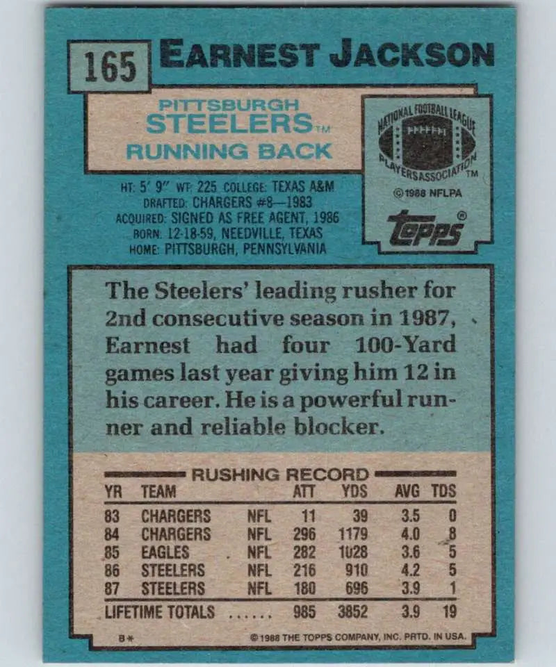 1988 Topps #165 Earnest Jackson EX Excellent Pittsburgh Steelers Football Card - Football Card Single